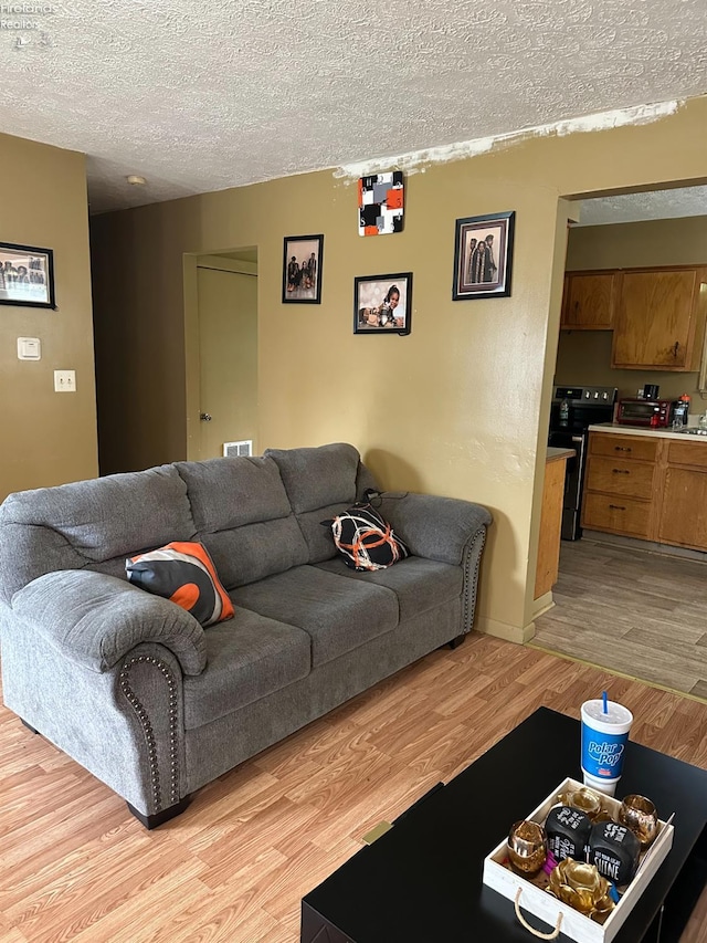 living room featuring light hardwood / wood-style floors and a textured ceiling