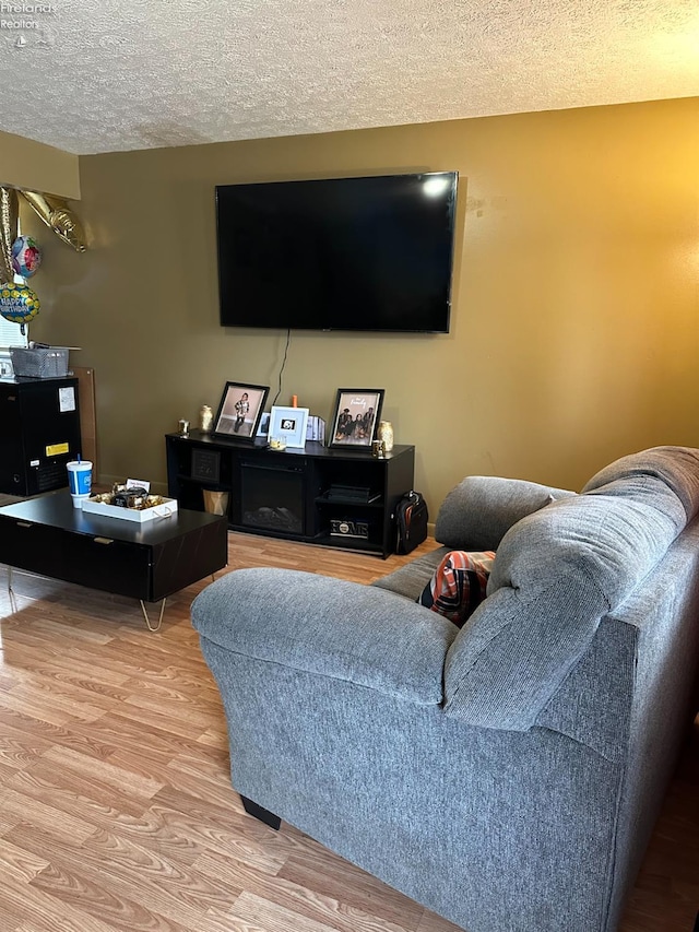 living room featuring hardwood / wood-style flooring and a textured ceiling