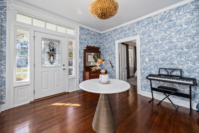 foyer entrance featuring dark hardwood / wood-style floors and ornamental molding