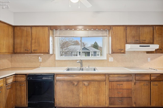 kitchen with backsplash, sink, white cooktop, and black dishwasher