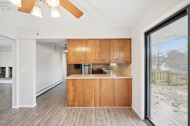 kitchen with stainless steel refrigerator, sink, light hardwood / wood-style flooring, a baseboard heating unit, and kitchen peninsula