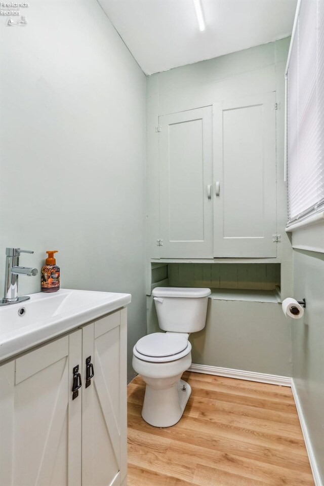 bathroom with vanity, toilet, and wood-type flooring