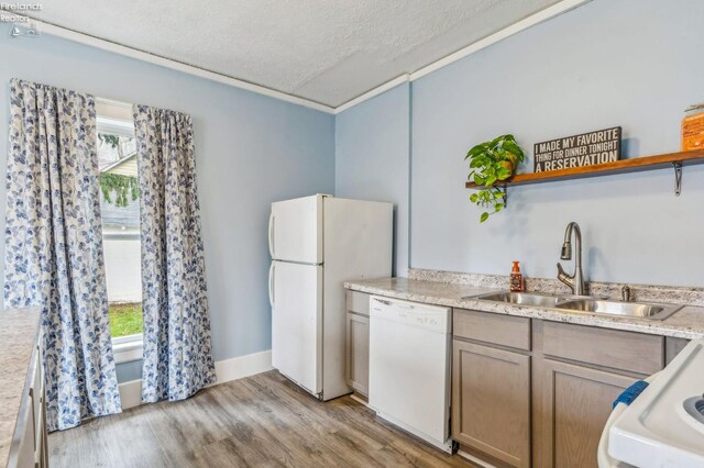 kitchen with a textured ceiling, light wood-type flooring, white appliances, and sink