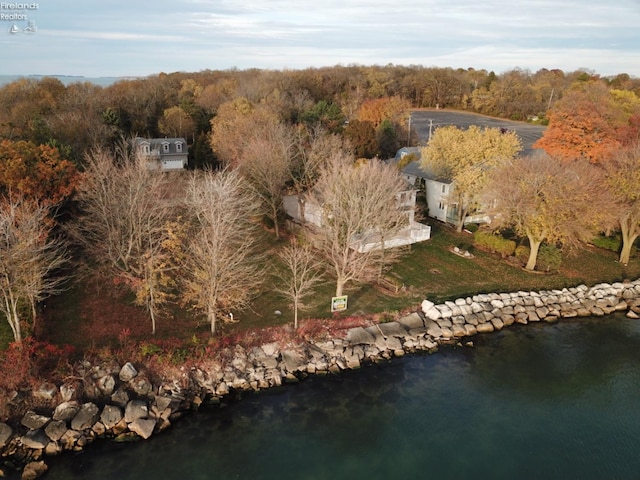 drone / aerial view with a water view