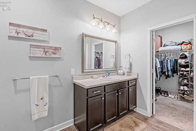 2133 S Harbor Bay Dr, Marblehead, OH 43440 - bathroom featuring vanity, a walk in closet, wood finished floors, and baseboards