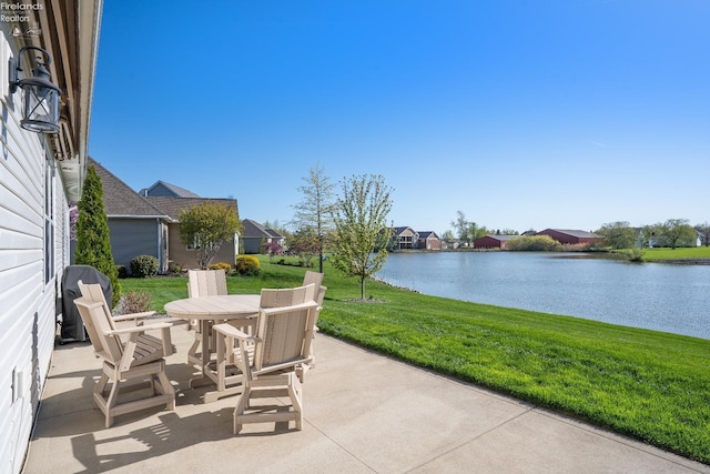 2133 S Harbor Bay Dr, Marblehead, OH 43440 - view of patio / terrace featuring a water view, outdoor dining area, area for grilling, and a residential view