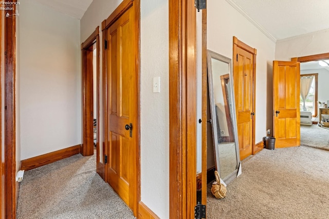 hallway with carpet floors and crown molding