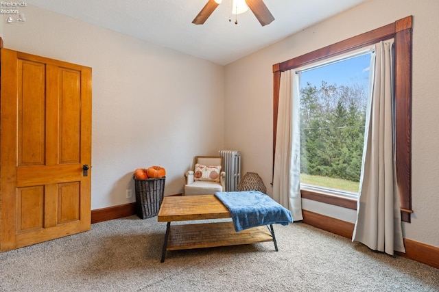 sitting room with ceiling fan, radiator heating unit, and carpet