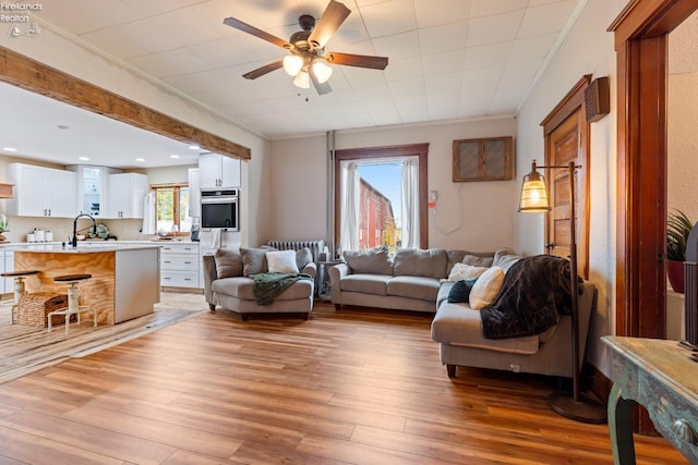 living room with light hardwood / wood-style floors, ceiling fan, ornamental molding, and sink