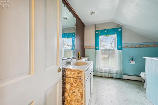 bathroom with vanity, toilet, plenty of natural light, and lofted ceiling