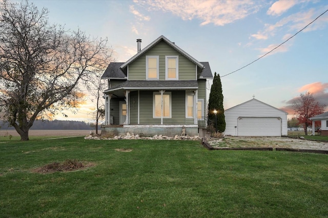 view of front of house featuring covered porch, a yard, a garage, and an outdoor structure