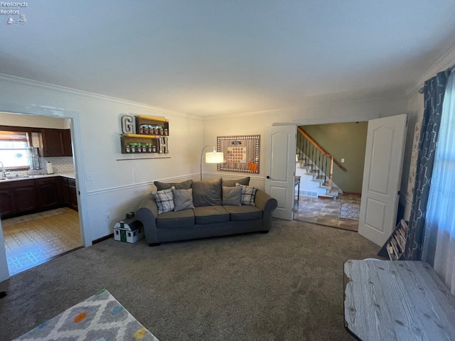 carpeted living room featuring ornamental molding and sink