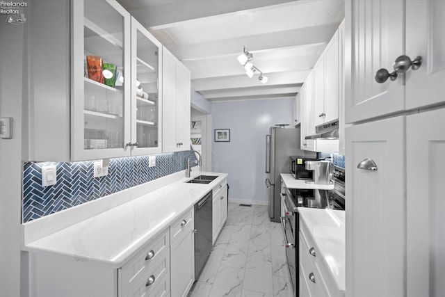 kitchen with white cabinetry, sink, electric range, black dishwasher, and beamed ceiling