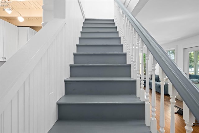 staircase with wood-type flooring