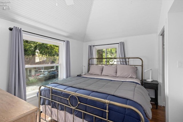 bedroom with hardwood / wood-style floors, vaulted ceiling, and ceiling fan