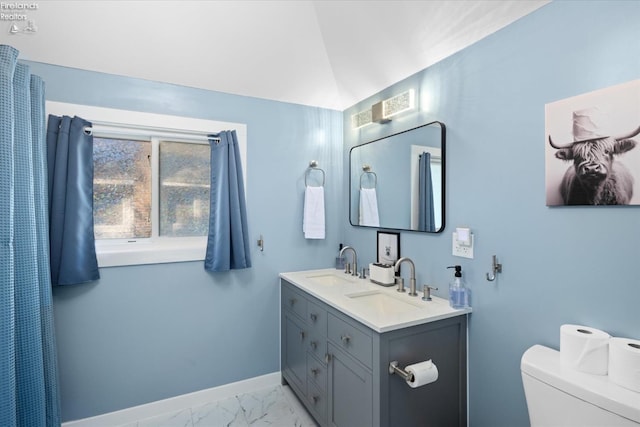 bathroom with vanity, lofted ceiling, and toilet