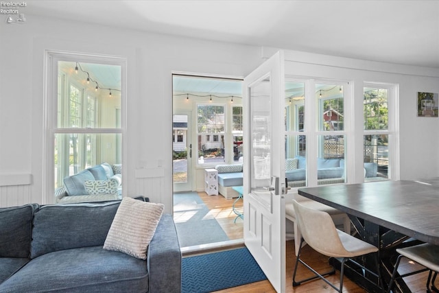 entryway with plenty of natural light, french doors, and light wood-type flooring