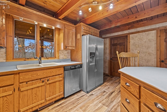 kitchen with appliances with stainless steel finishes, sink, wooden ceiling, beamed ceiling, and light hardwood / wood-style floors