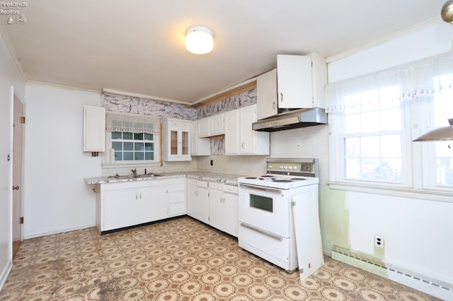 kitchen with white cabinetry, baseboard heating, white electric stove, extractor fan, and ornamental molding