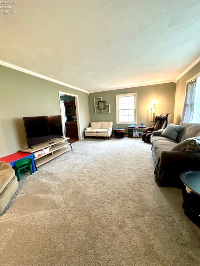 living room featuring ornamental molding and carpet floors