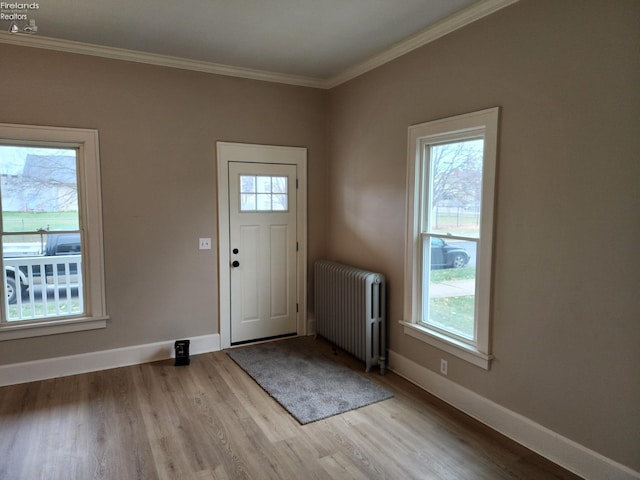 foyer featuring a wealth of natural light, ornamental molding, radiator, and light hardwood / wood-style flooring