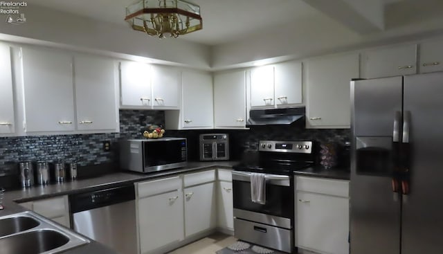 kitchen with white cabinets, backsplash, sink, and stainless steel appliances