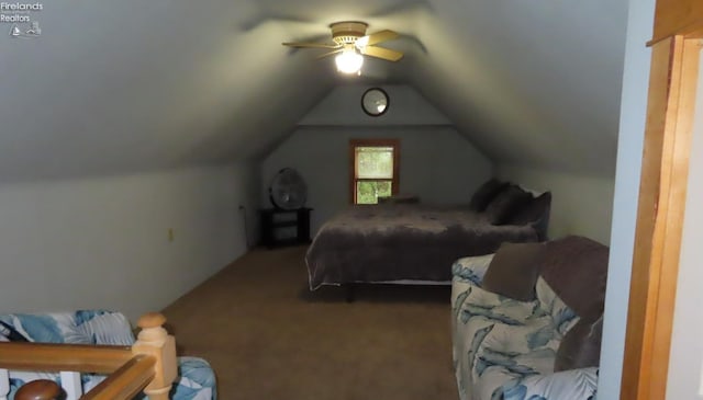 bedroom featuring ceiling fan, carpet floors, and vaulted ceiling