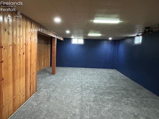 basement featuring wood walls and carpet