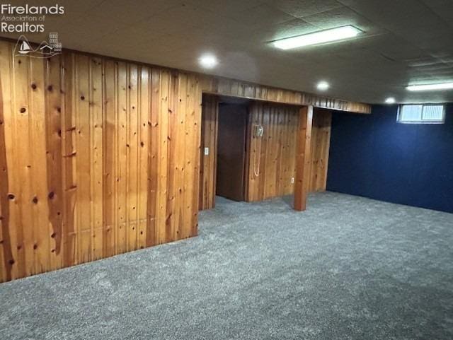 basement featuring carpet flooring and wood walls