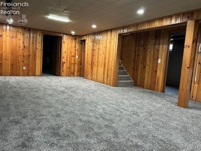 basement with carpet floors and wooden walls