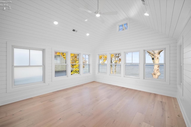 unfurnished sunroom featuring a water view, a wealth of natural light, lofted ceiling, and wood ceiling