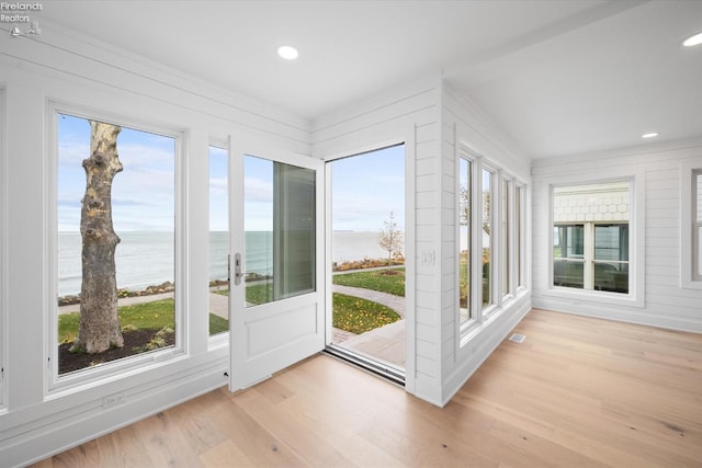 doorway with a water view, a wealth of natural light, and light hardwood / wood-style flooring