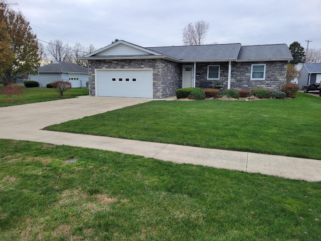 ranch-style house with a garage and a front lawn