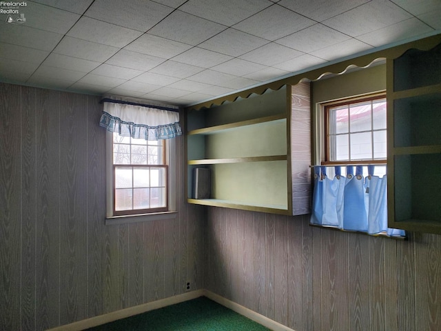 empty room with wooden walls and a wealth of natural light