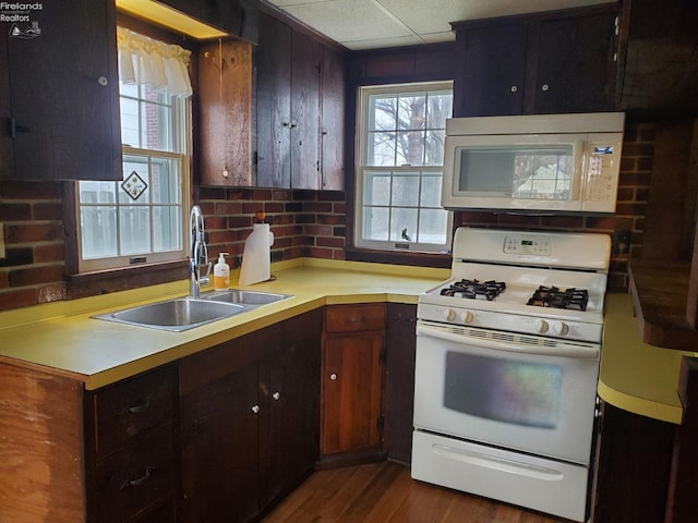 kitchen featuring a drop ceiling, dark hardwood / wood-style flooring, white appliances, and sink