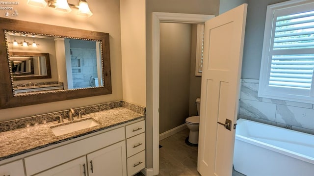 bathroom with a washtub, vanity, and toilet