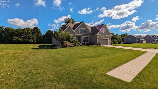 craftsman inspired home featuring a garage and a front yard