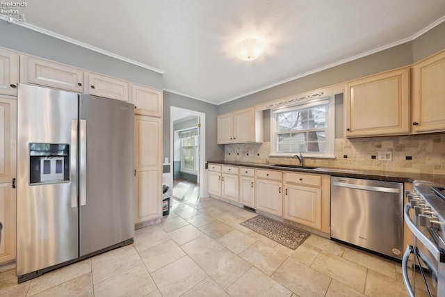 kitchen featuring sink, stainless steel appliances, backsplash, crown molding, and light tile patterned floors