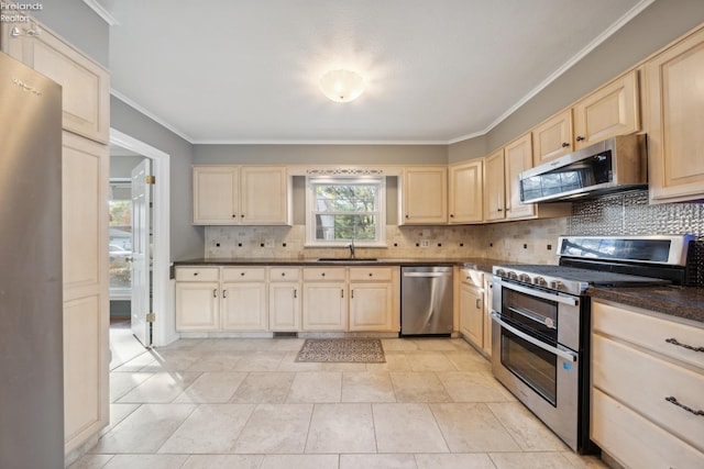 kitchen featuring decorative backsplash, appliances with stainless steel finishes, ornamental molding, sink, and light tile patterned floors