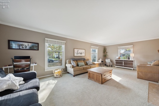 living room with light colored carpet and crown molding