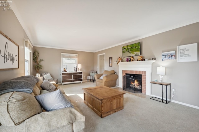 living room featuring light carpet, a fireplace, and crown molding