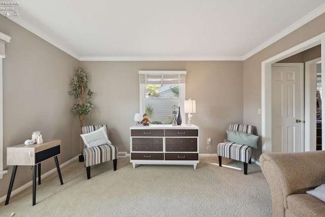 living area featuring light colored carpet and ornamental molding