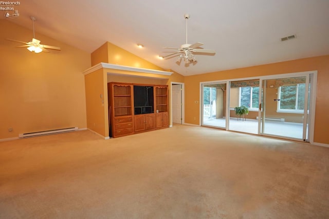 unfurnished living room featuring ceiling fan, light colored carpet, high vaulted ceiling, and a baseboard radiator