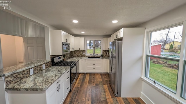 kitchen with white cabinets, stainless steel appliances, and a wealth of natural light