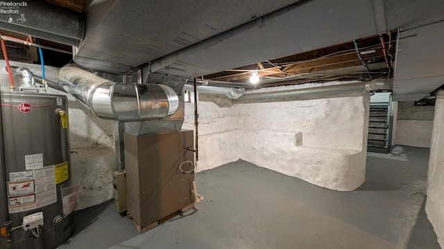 basement with heating unit and water heater