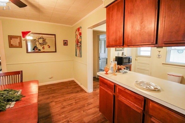 kitchen with hardwood / wood-style floors, ceiling fan, and crown molding