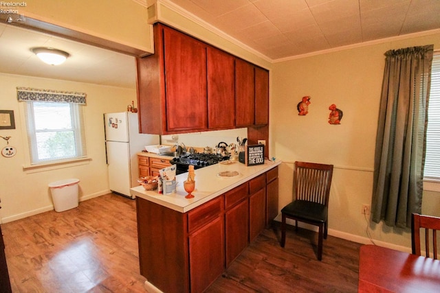 kitchen featuring dark hardwood / wood-style floors, white fridge, stove, and ornamental molding