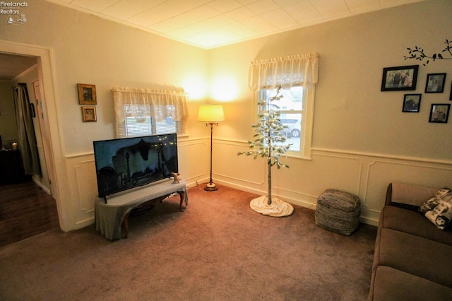 sitting room with carpet and ornamental molding