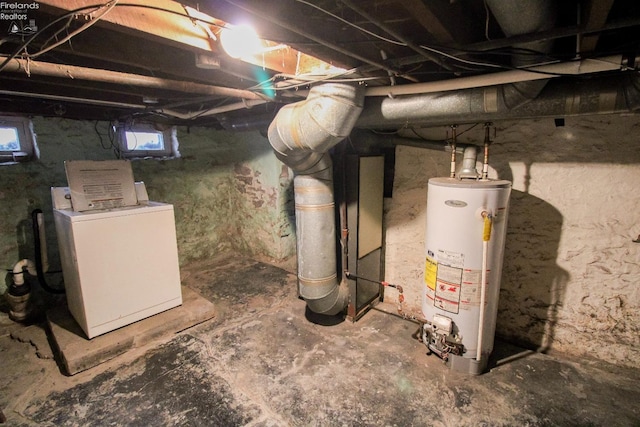 basement featuring water heater and washer / dryer