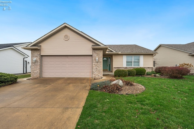 single story home featuring a front yard and a garage